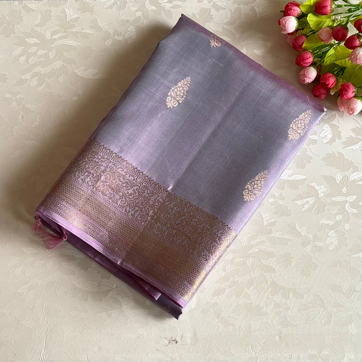 Dusty Dual Shaded Lavender Designer Pure Silk Saree With Antique Gold Pallu
