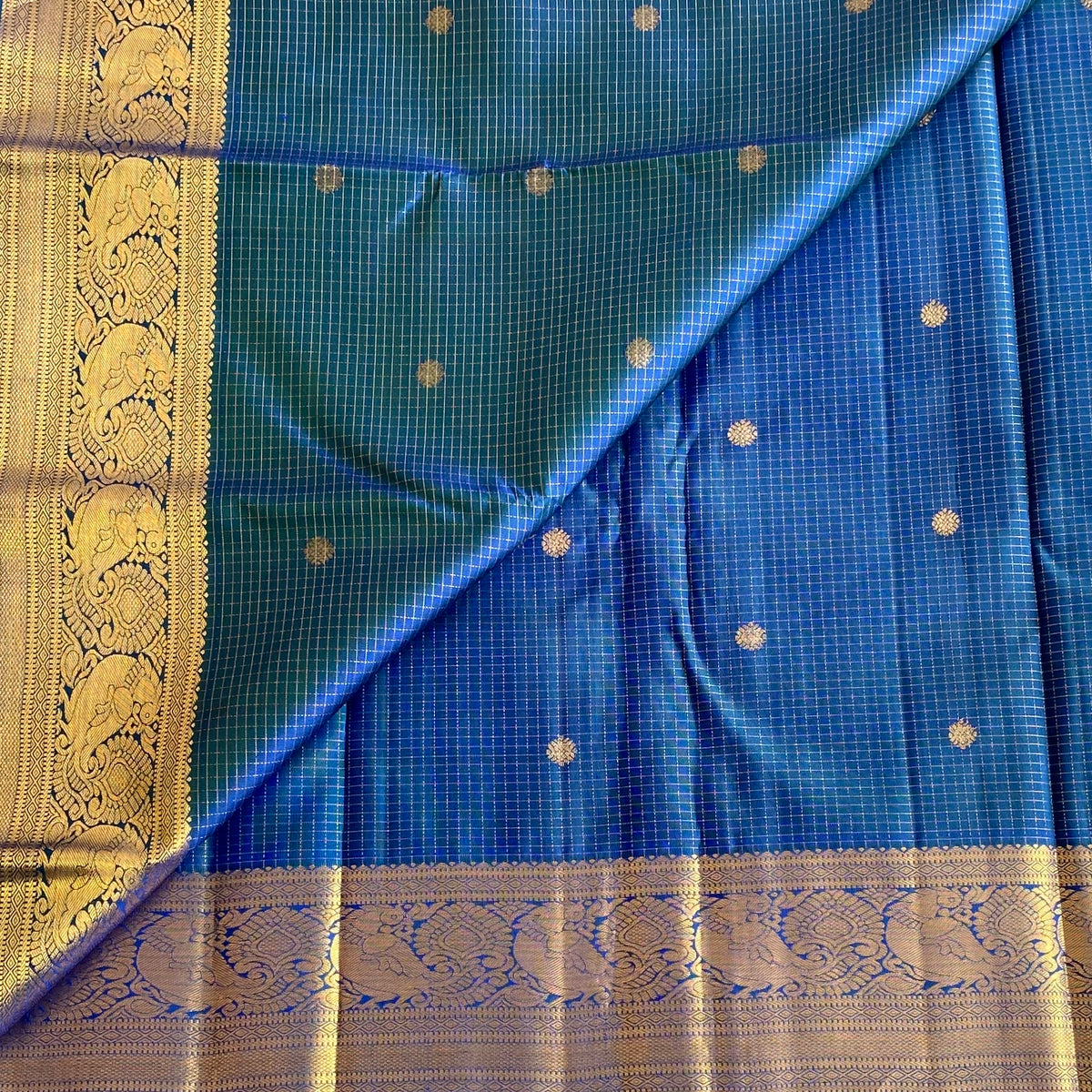 Peacock Blue Kanjeevaram Pure Zari Silk Saree With Zari Checkered Weave