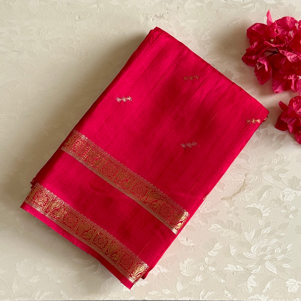 Rani Pink Soft Tussar Silk Saree With Gold Zari Border And Butti