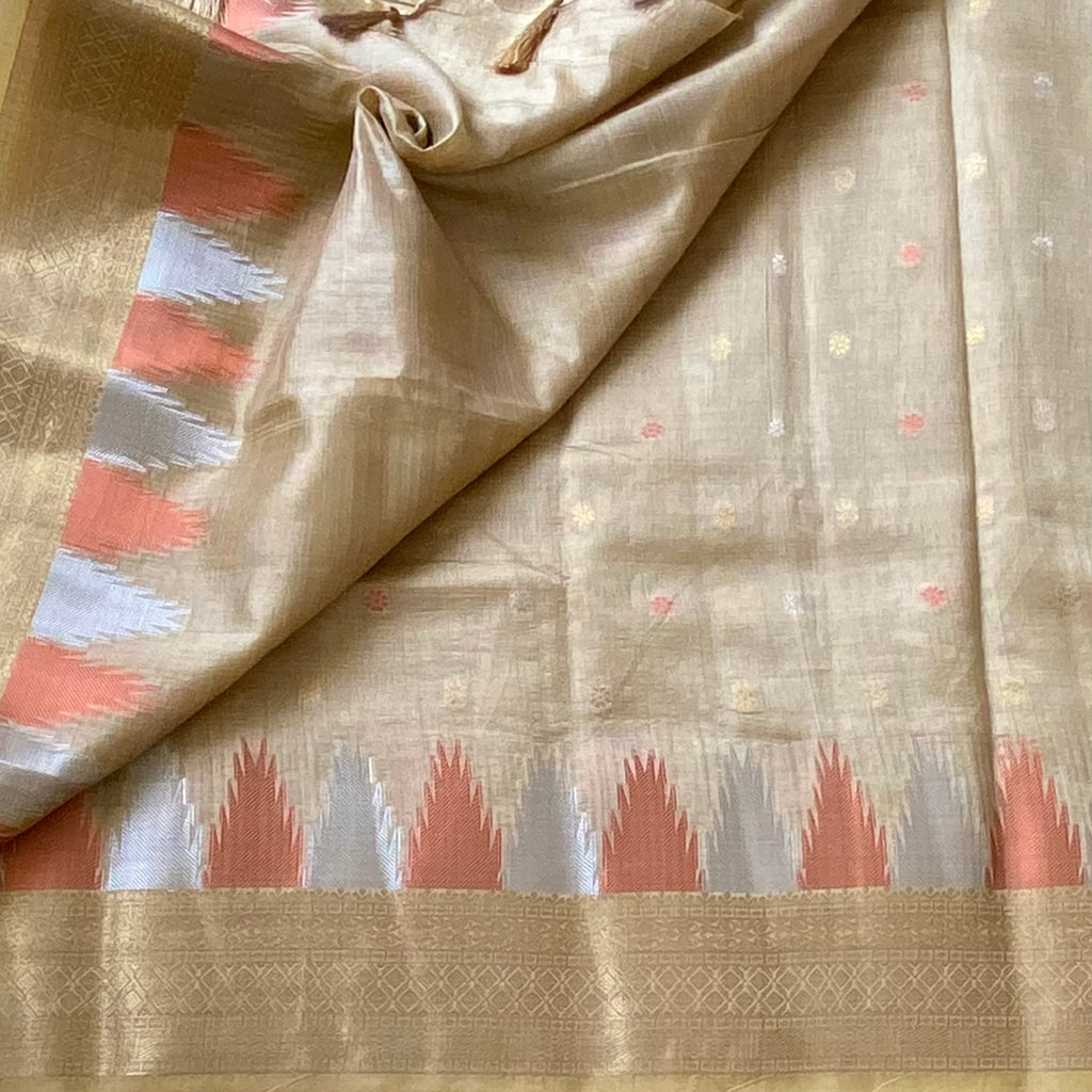 Antique Gold Silk Saree soft tussar silk with temple borders