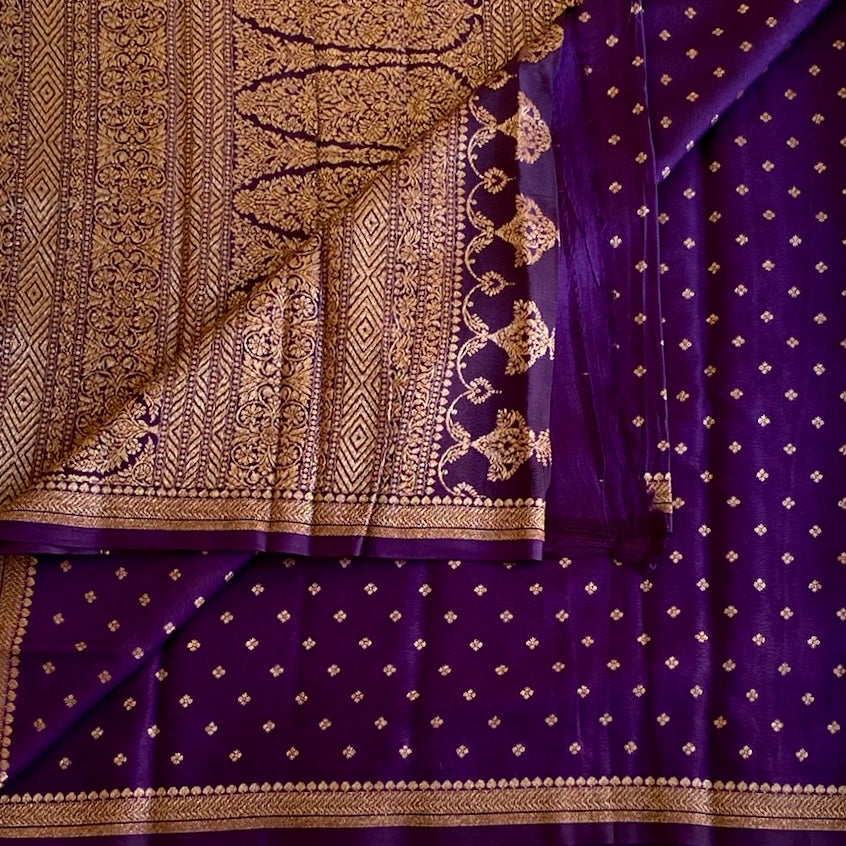 Royal Purple Banarasi Soft Crepe Silk With Antique Gold Brocade Pallu