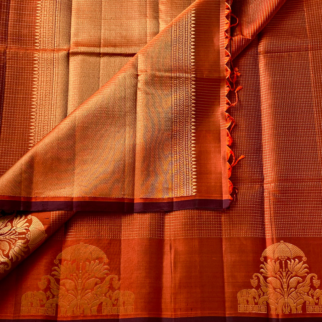 Rust Red Zari Elephant Border Traditional Festive Woven Elegant Saree