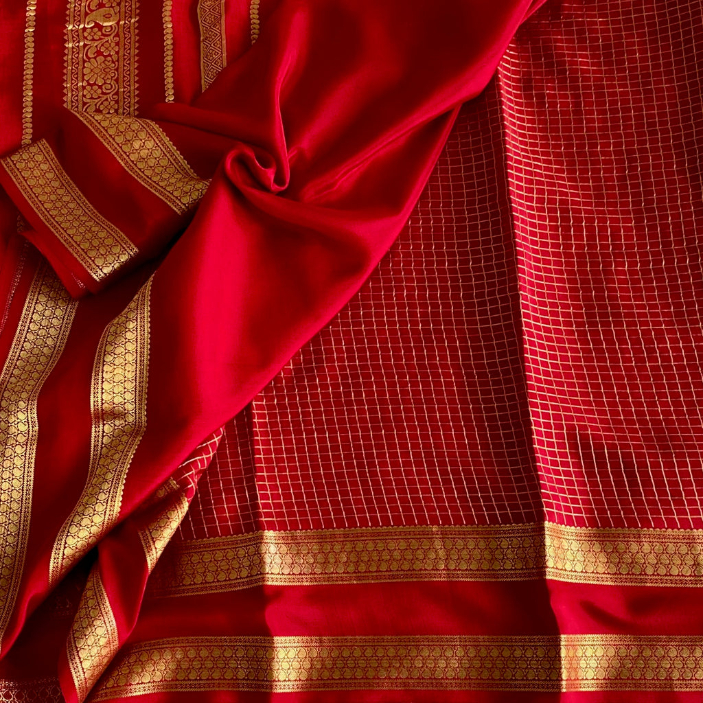 Bright Red Mysore Crepe Silk Saree With Antique Gold Zari