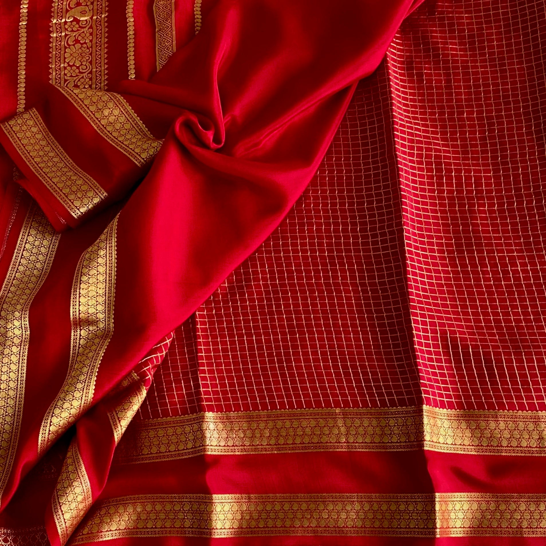 Bright Red Mysore Crepe Silk Saree With Antique Gold Zari