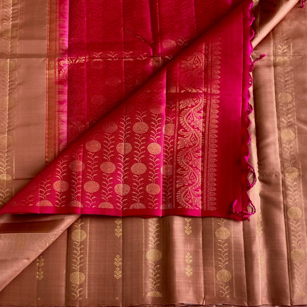 Copper Brown Designer Pure Silk Saree With Rani Pink Pallu