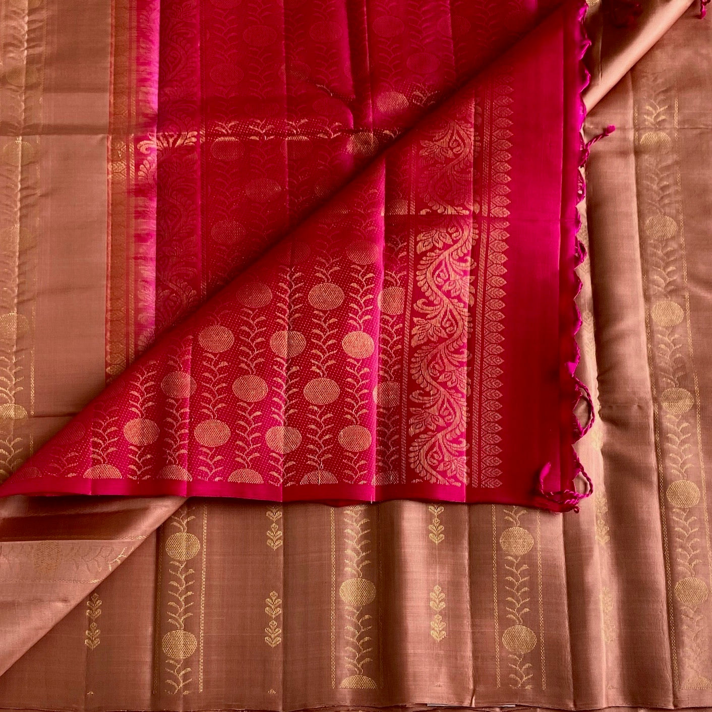 Copper Brown Designer Pure Silk Saree With Rani Pink Pallu