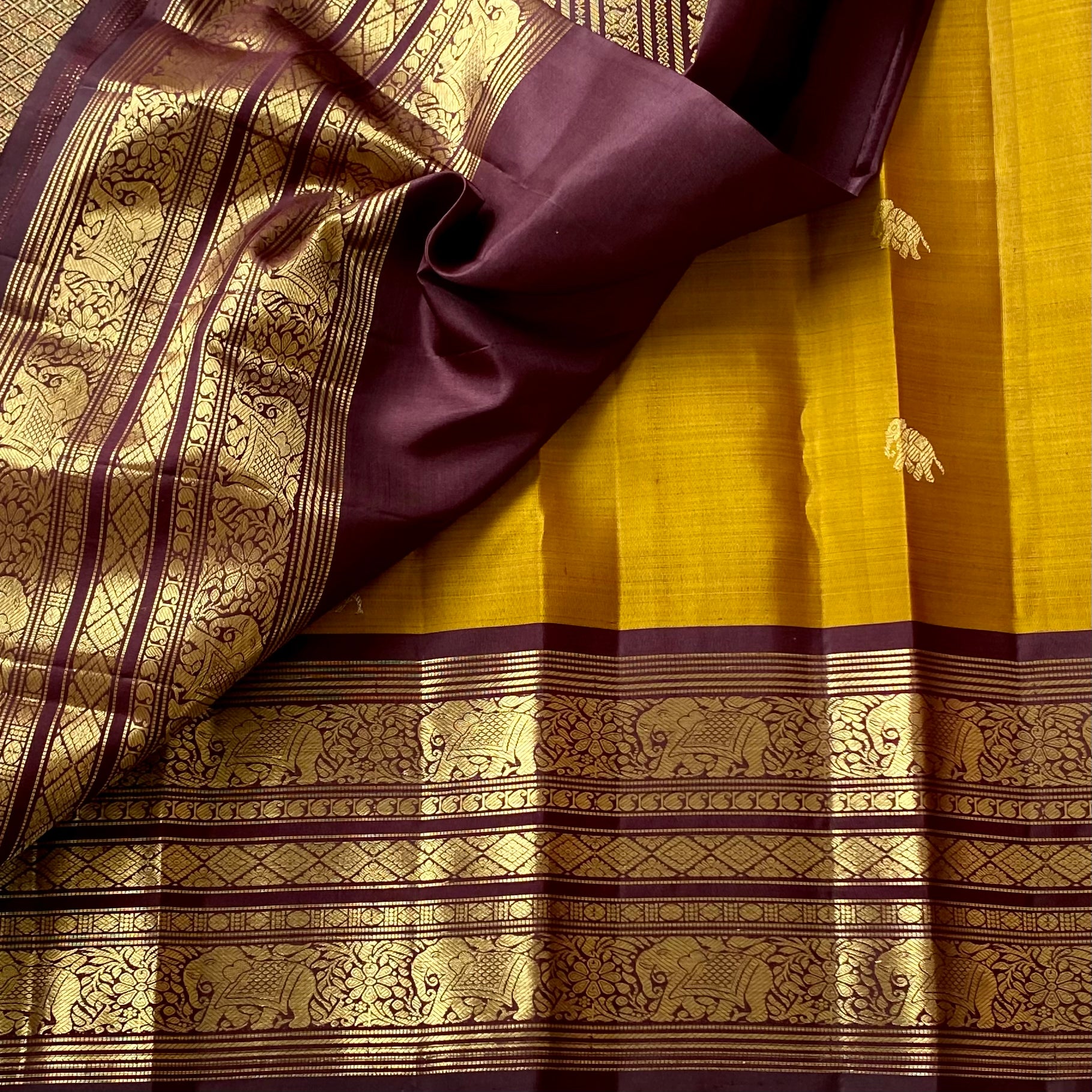 Classic Golden Mustard with Deep Wine Brown Kanjeevaram Masterpiece