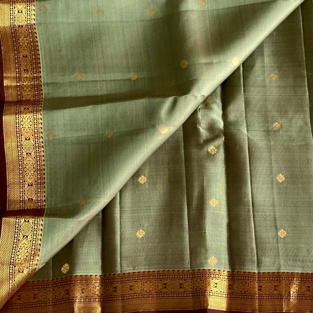 Sage Green Designer Pure Silk Saree With Deep Maroon Pallu