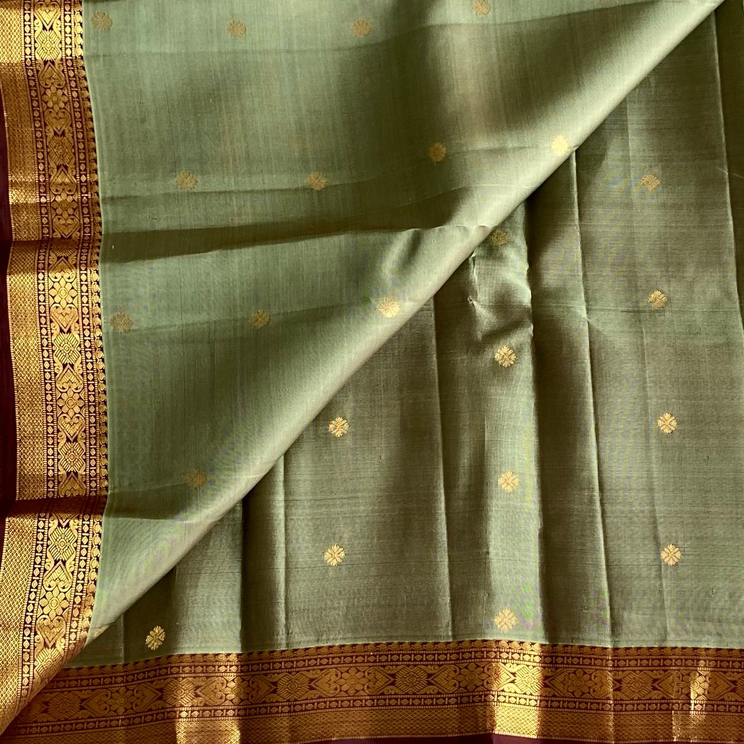 Sage Green Designer Pure Silk Saree With Deep Maroon Pallu