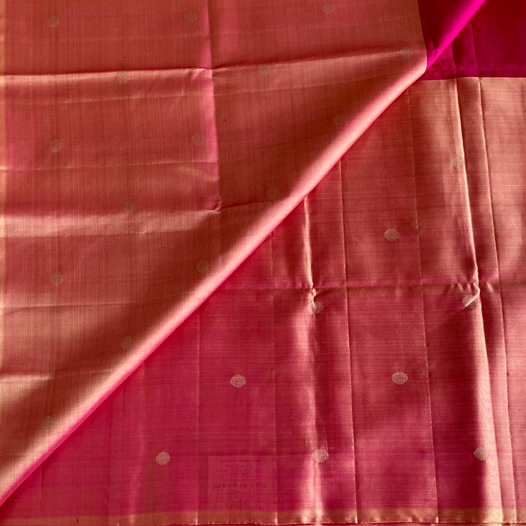 Rani Pink Designer Pure Silk Saree With Peach Gold Pallu And Zari