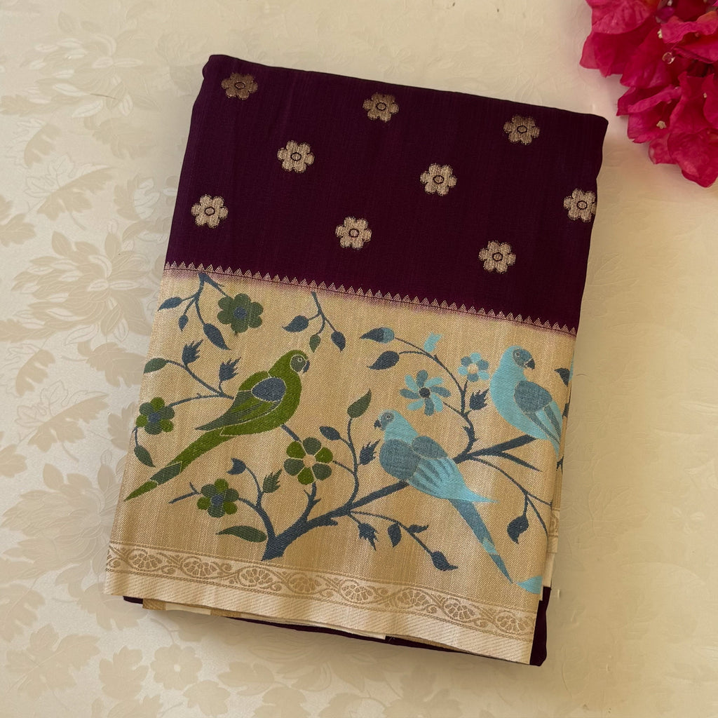 Deep Maroon Saree With Cream Pallu Bird Motif Gold Border