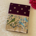 Deep Maroon Saree With Cream Pallu Bird Motif Gold Border