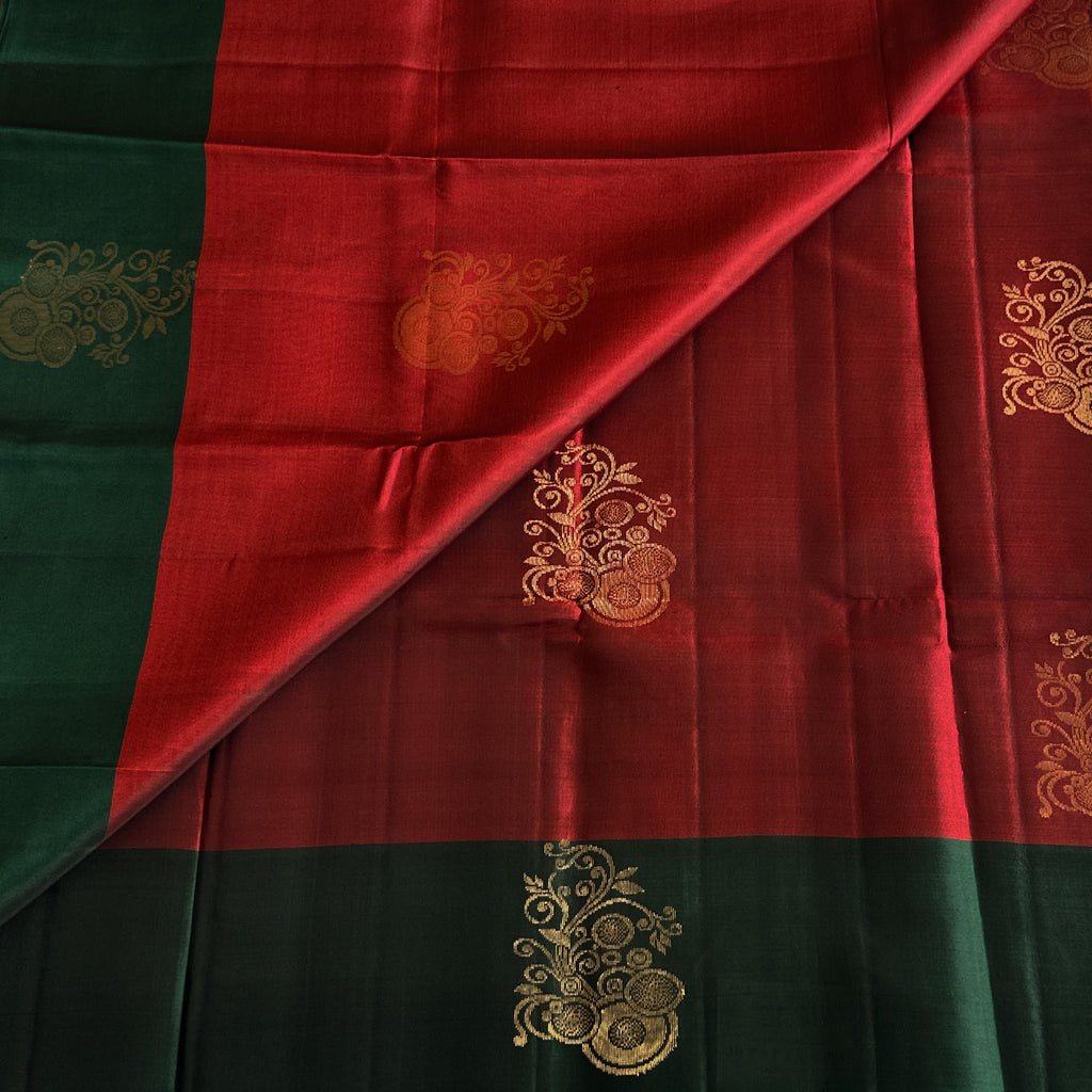 Pine Green Maroon Silk Saree Antique Gold Zari Floral Border
