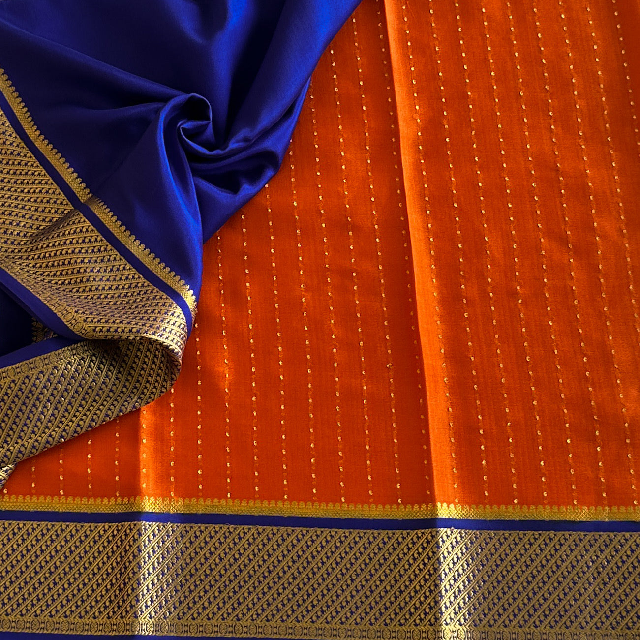 Burnt Orange Zari Buttas With Royal Blue Pure Mysore Silk
