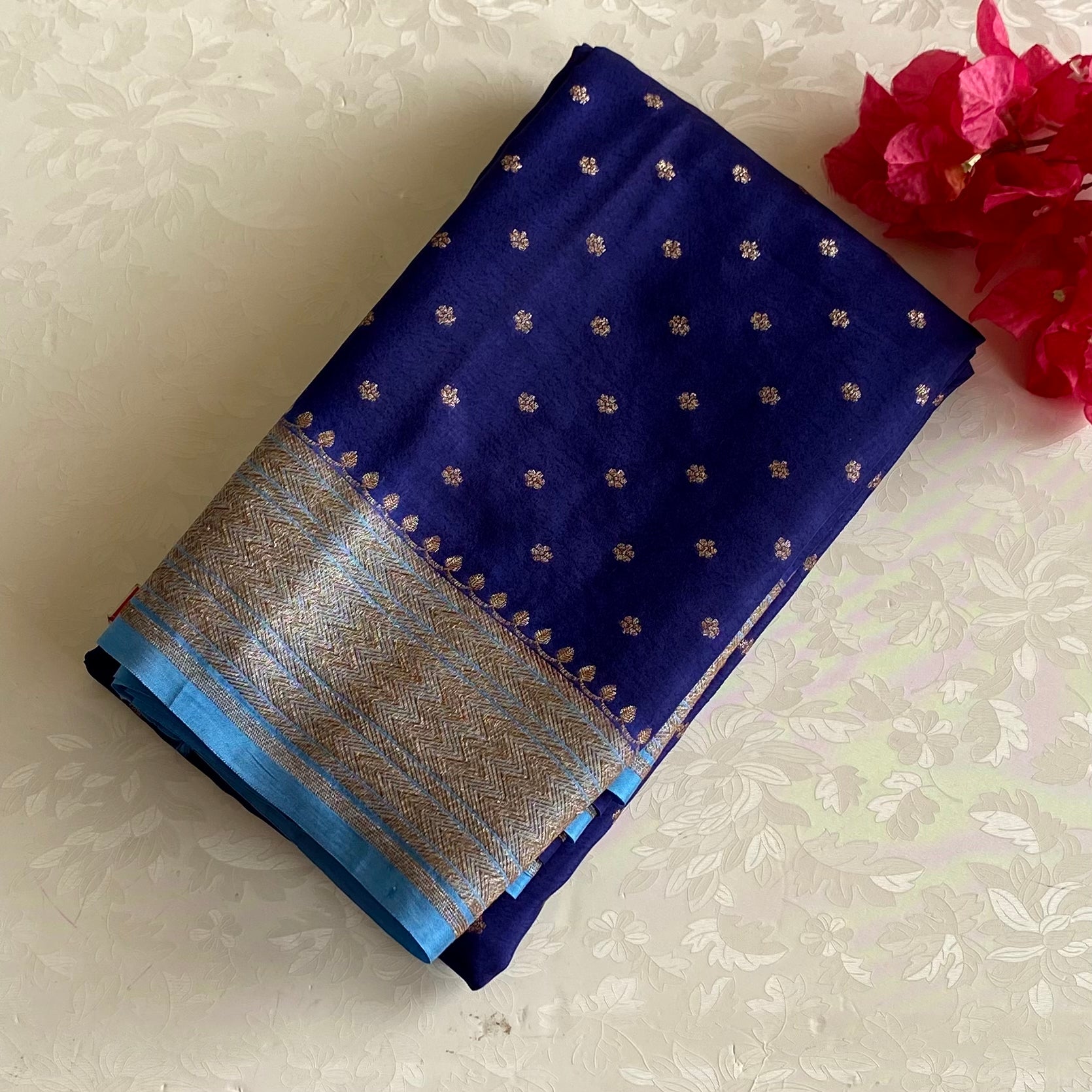 Midnight Blue Banarasi Crepe Silk Saree With Sky Blue Contrast