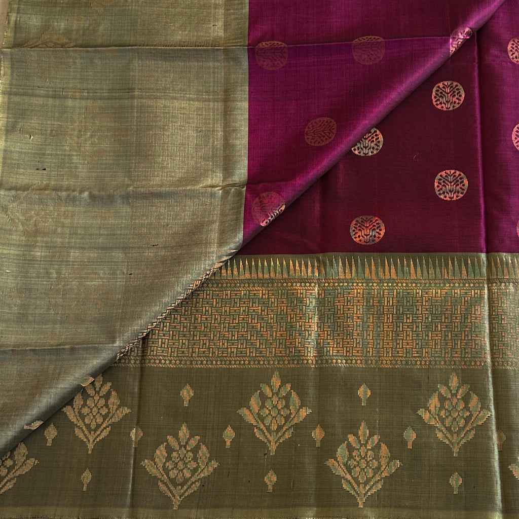 Sage Green Silk Saree Antique Gold Brocade Magenta Pallu Design