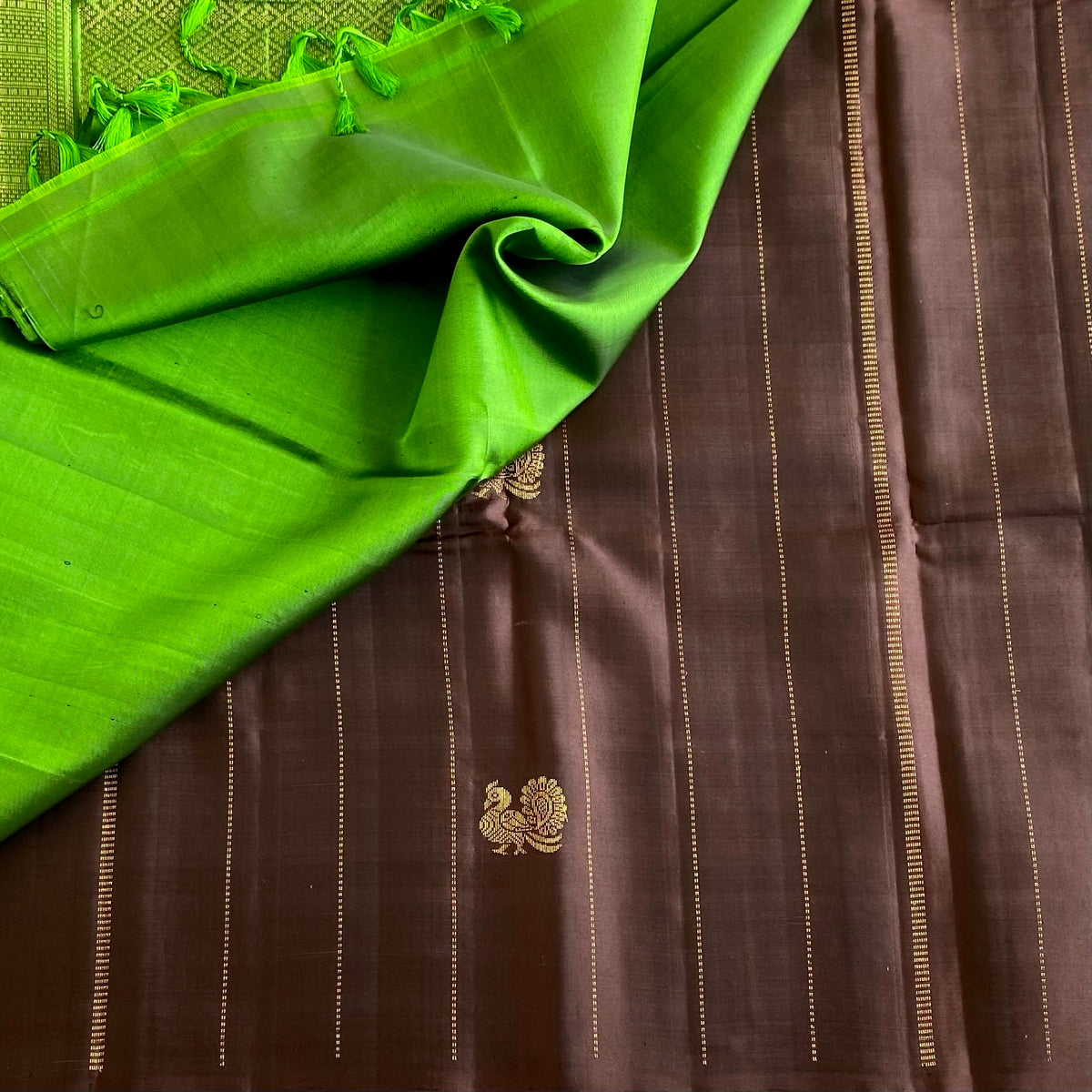 Metallic Chocolate Brown Designer Pure Silk Saree With Parrot Green Pallu