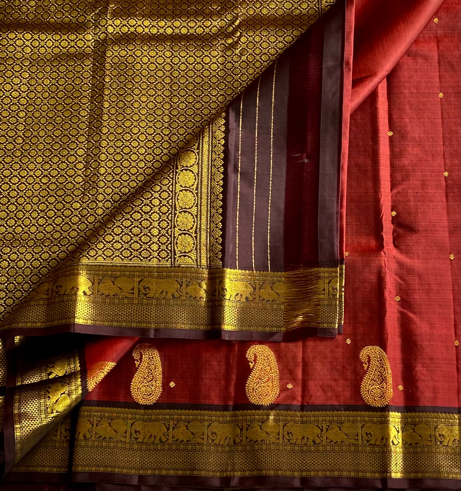 Deep Magenta Silk Saree Antique Gold Brocade Elephant Border Pallu