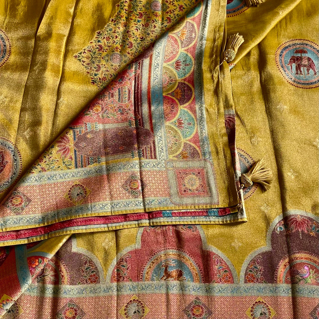 Mustard Yellow Dusty Rose Soft Tissue Silk Saree With Brocade Border