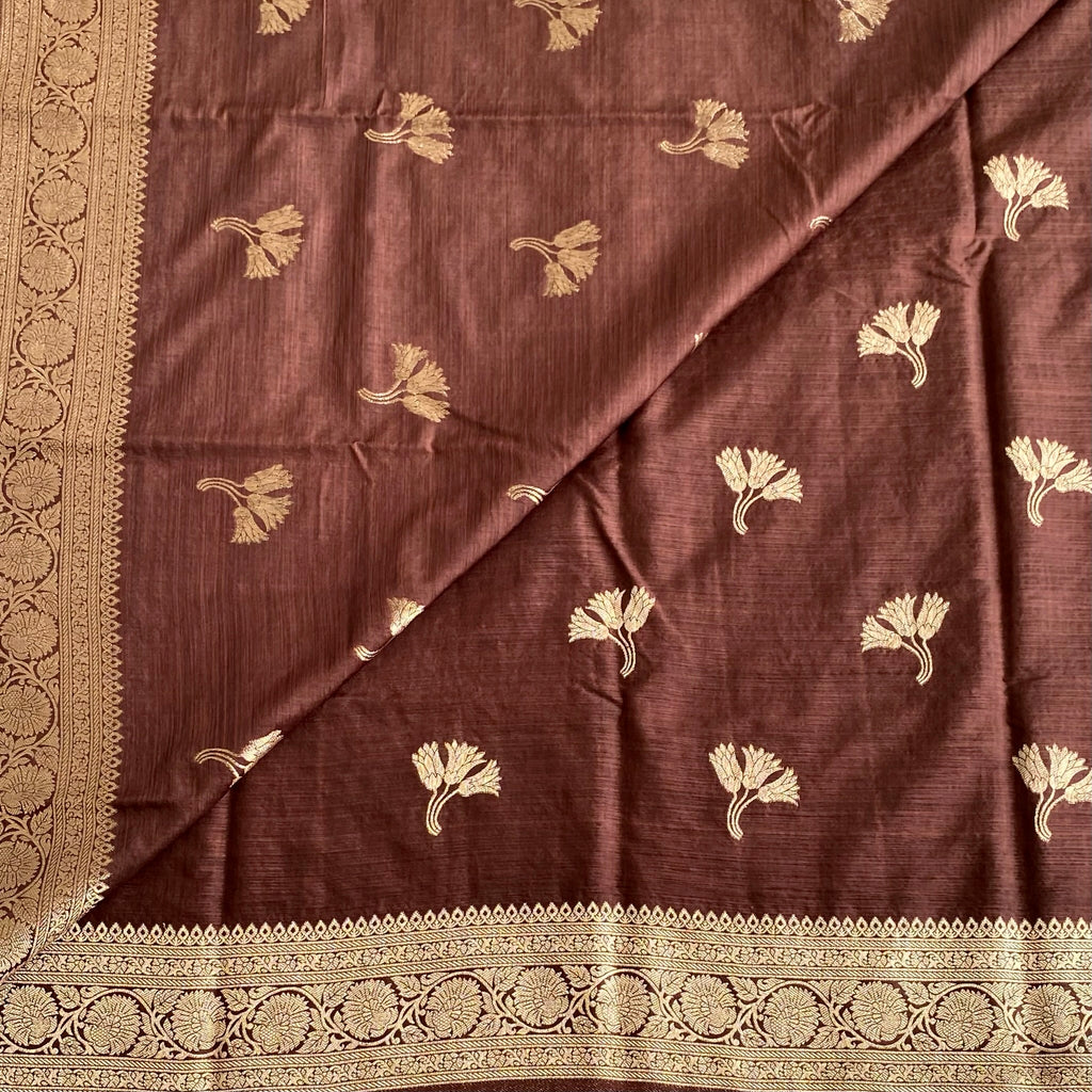 Deep Coffee Soft Tussar Silk Saree With Antique Gold Jaal Border