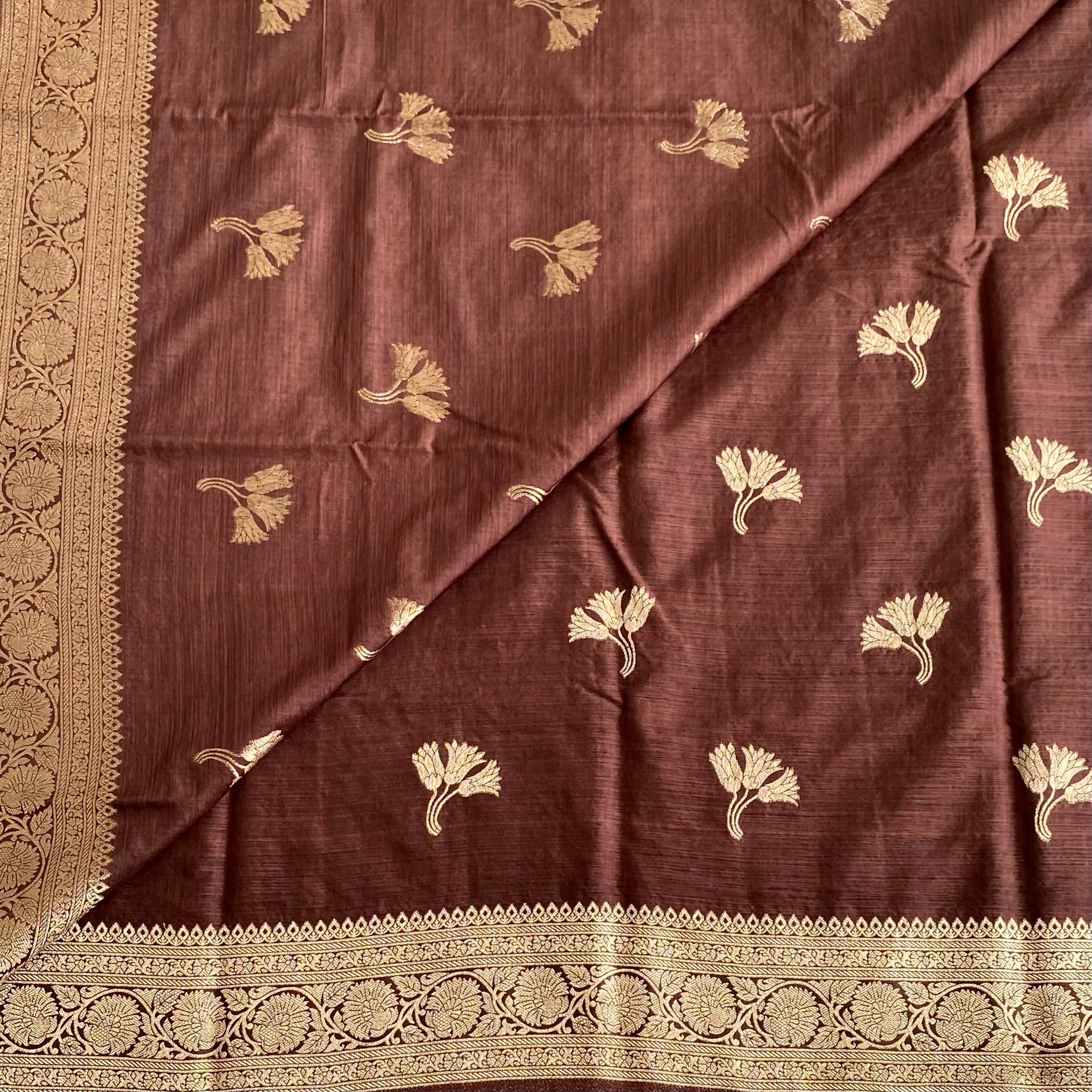 Deep Coffee Soft Tussar Silk Saree With Antique Gold Jaal Border