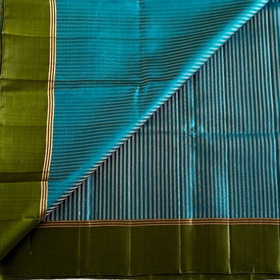 Olive Green Designer Pure Silk Saree With Teal Blue Pallu