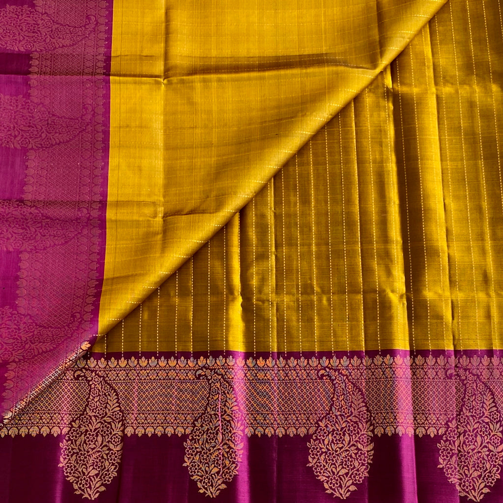 Mustard Gold Designer Pure Silk With Rich Magenta Contrast