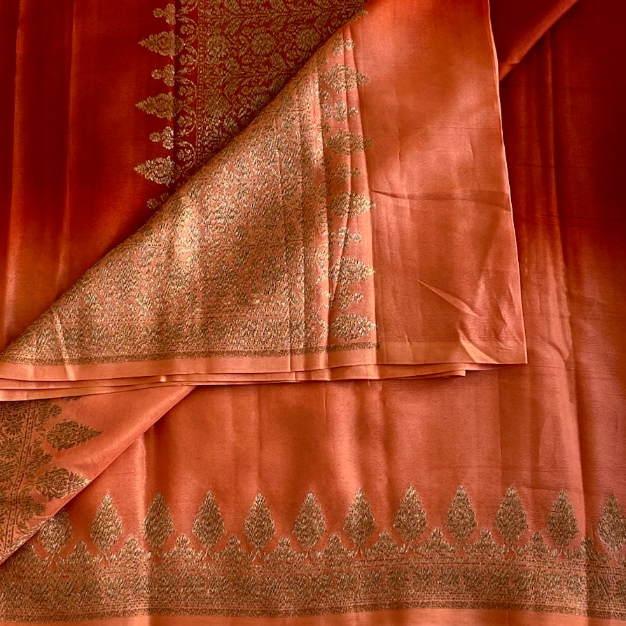 Ombre Pink • Rust • Peach designer Banarasi soft crepe