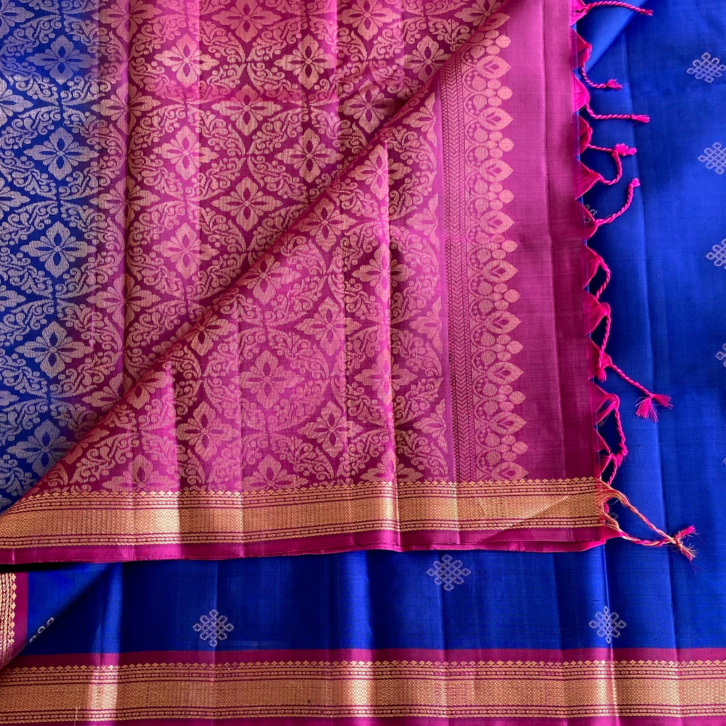 Deep Royal Blue Kollam Designer Pure Silk Saree With Magenta Floral Pallu