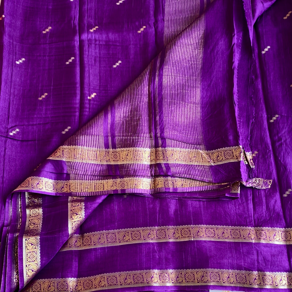 Royal Purple Soft Tussar Silk Saree With Metallic Gold Stripes