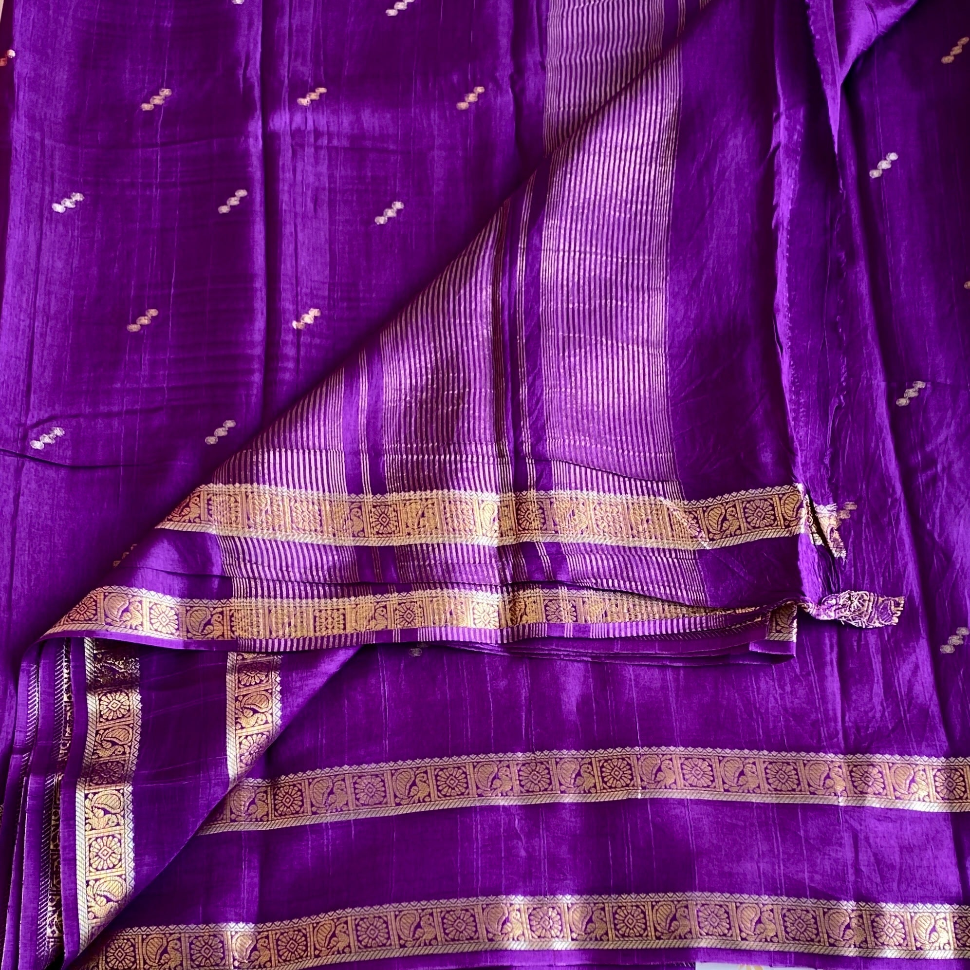 Royal Purple Soft Tussar Silk Saree With Metallic Gold Stripes