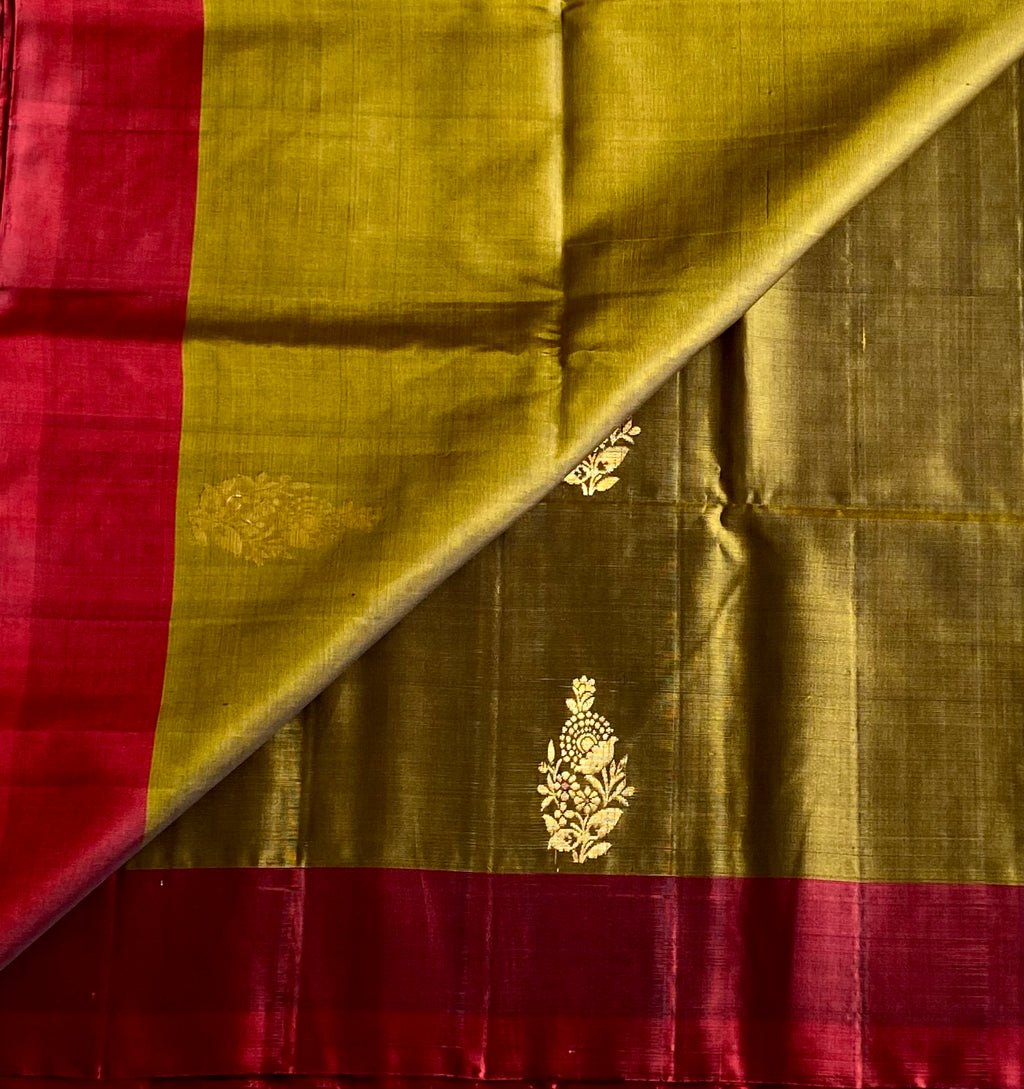 Olive Green Silk Saree Burgundy Pallu Gold Zari Floral Buta