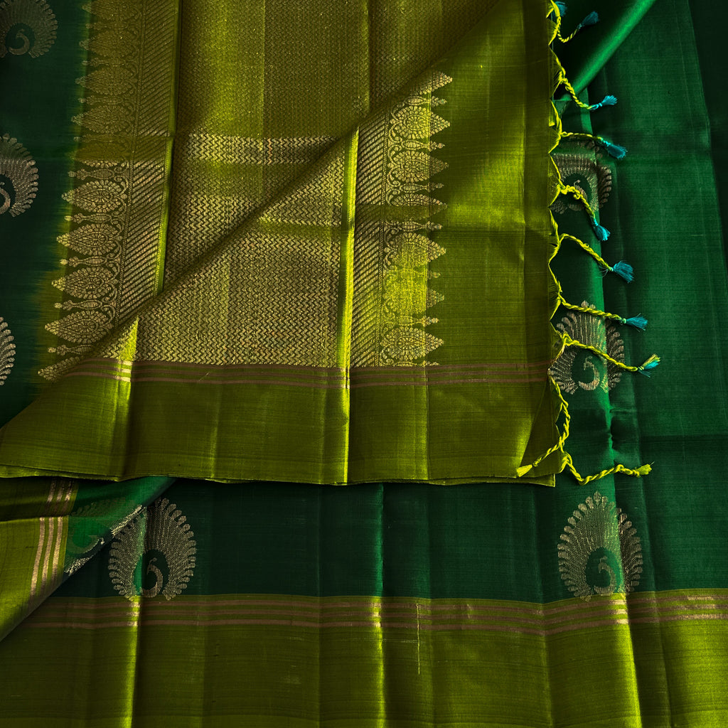 Emerald Lime Silk Saree Woven Zari Paisley Motif Traditional Festive