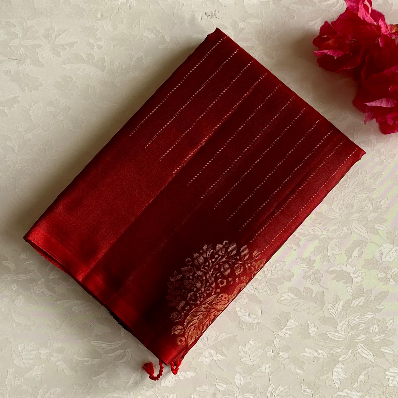 Deep Maroon Designer Pure Silk Saree With Metallic Gold Border And Pallu