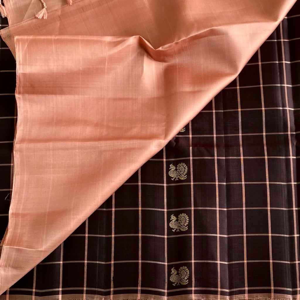 Espresso Brown Designer Pure Silk Saree With Peach Pink Pallu