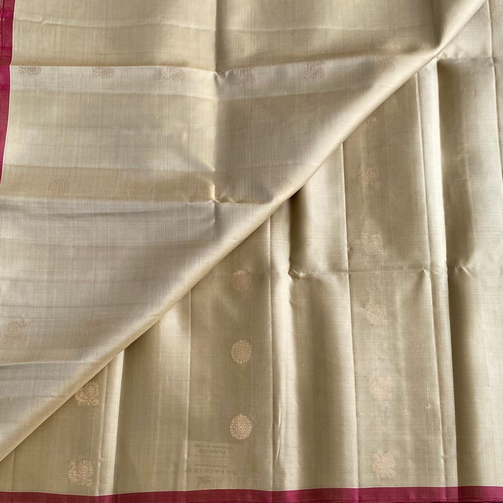 Champagne Beige Designer Pure Silk Saree With Dreamy Rose Pink Pallu