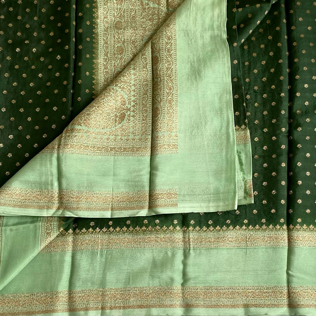 Bottle Green Banarasi Crepe Silk Saree With Mint Green Pallu