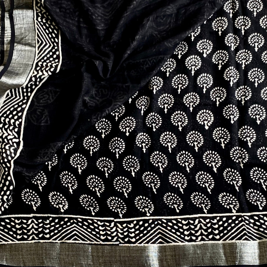 Jet Black Block Printed Soft Linen With Off White & Antique Silver Borders
