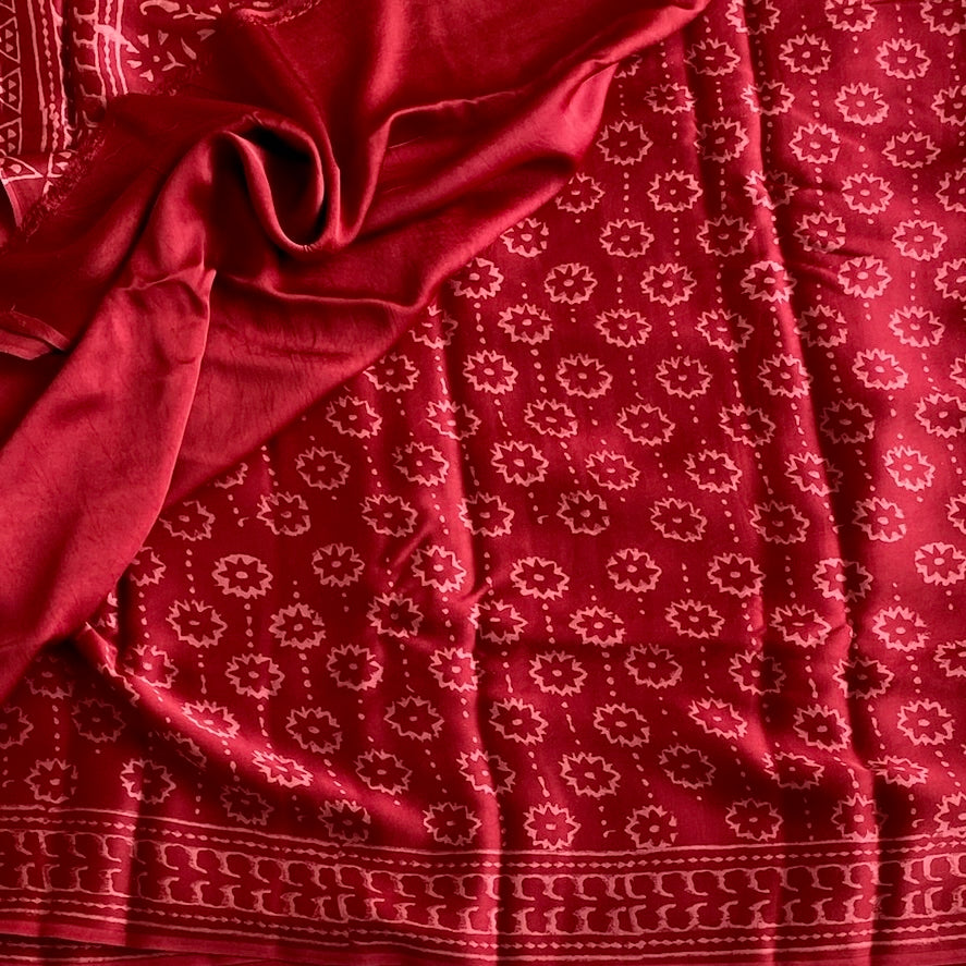 Burgundy Rose Pink Ajrakh Handblock Printed Silk Saree