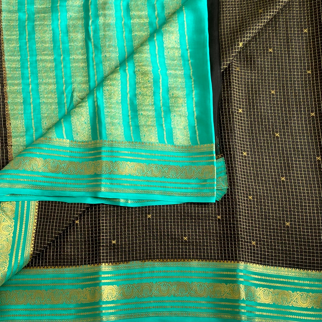 Mysore Crepe Silk Rare Jet Black Saree With Bright Turquoise Pallu Gold Zari