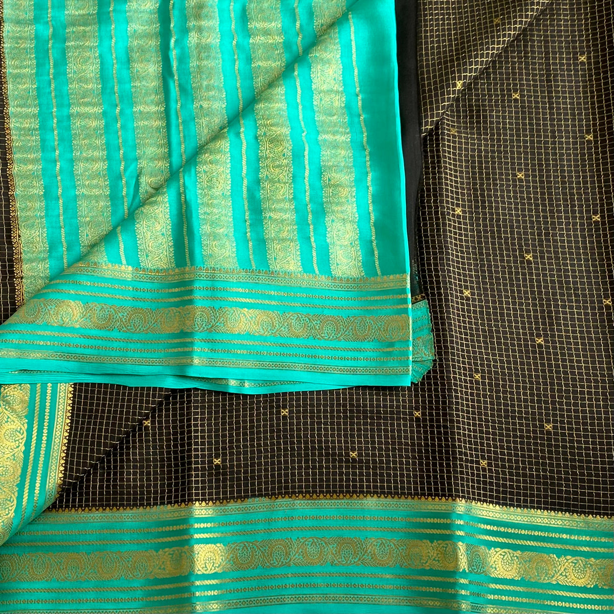 Mysore Crepe Silk Rare Jet Black Saree With Bright Turquoise Pallu Gold Zari