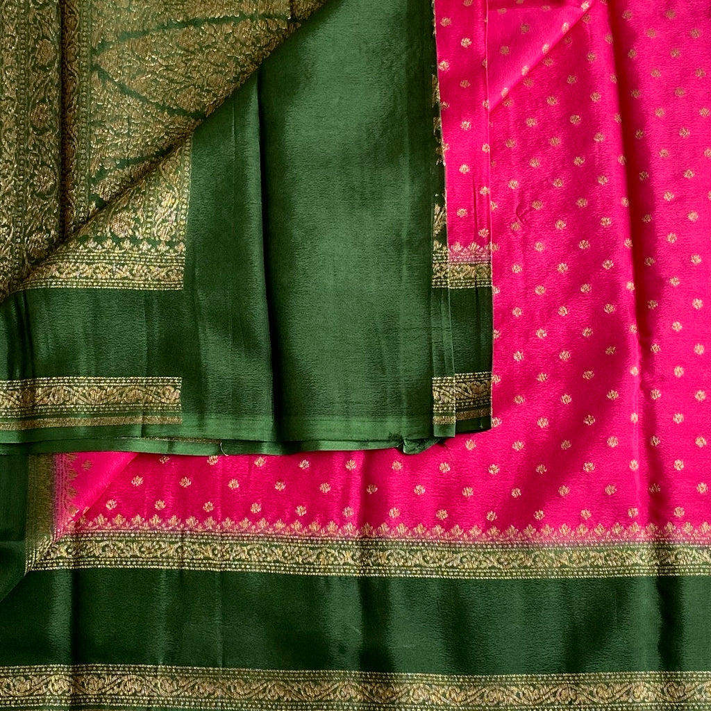 Cherry Pink Banarasi Crepe Silk Saree With Bottle green Pallu