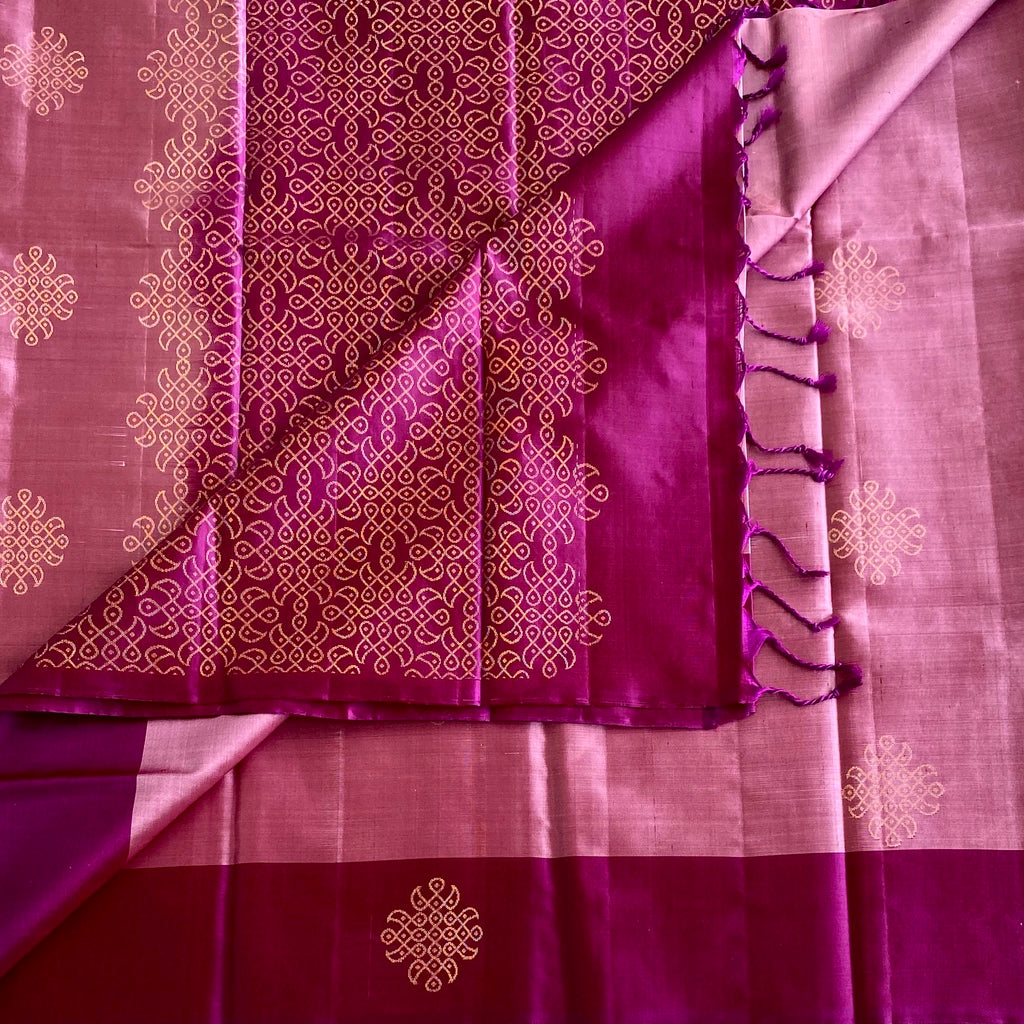 Pastel Metallic Rose Pink Designer Pure Silk With Berry Pink Pallu & Kollam Buttas