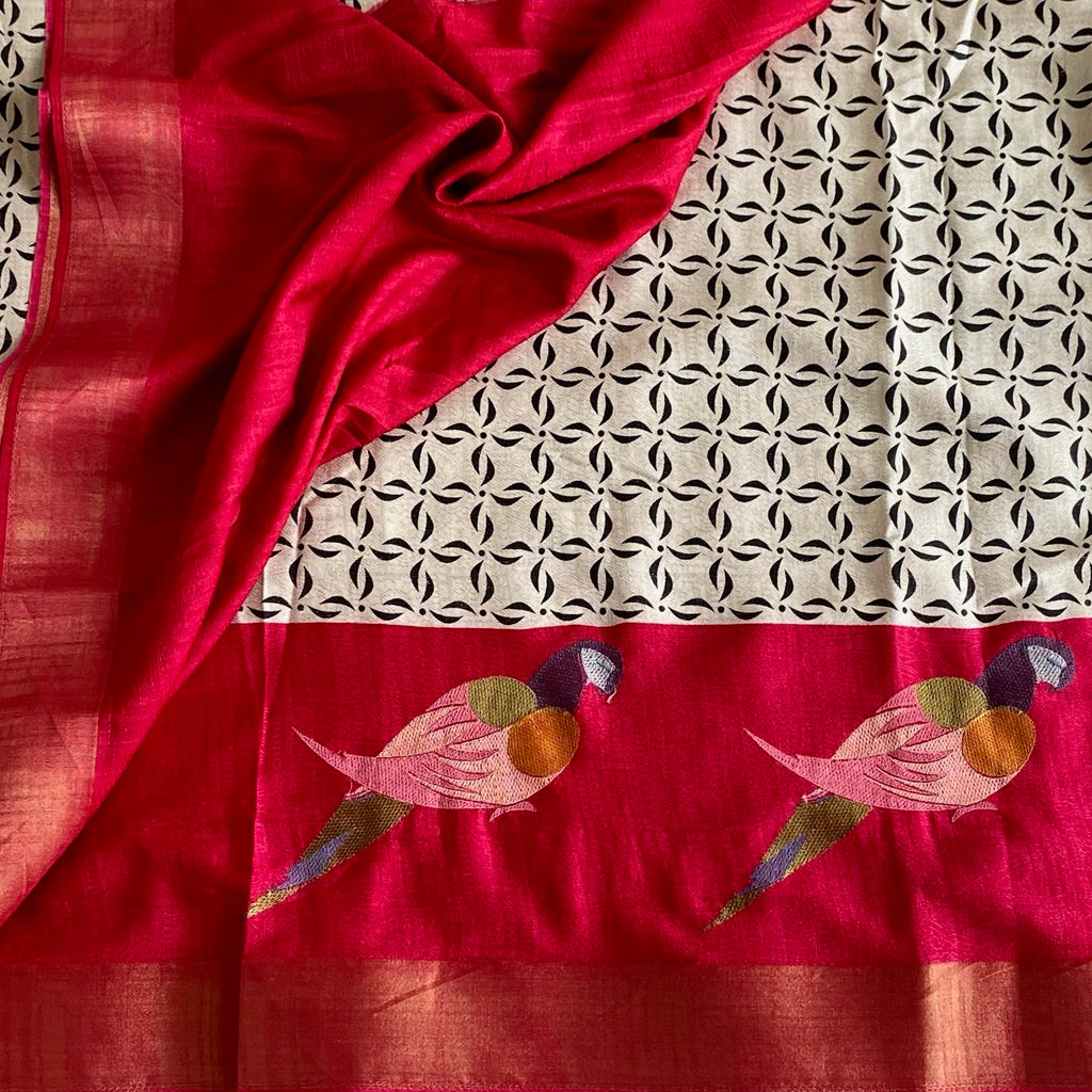Ivory Printed Softest Tussar with Cherry Embroidered Borders