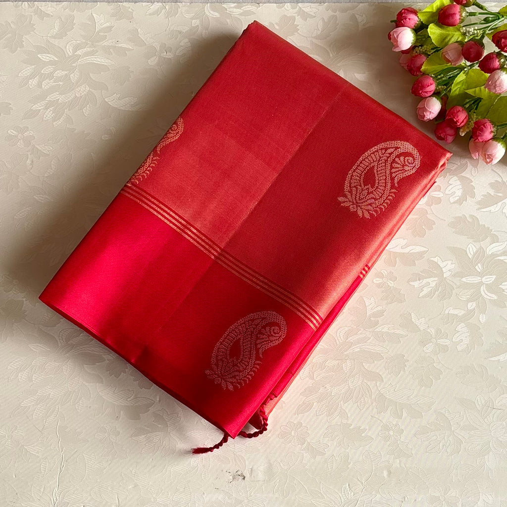 Deep Coral Designer Pure Silk Saree With Crimson Red Pallu