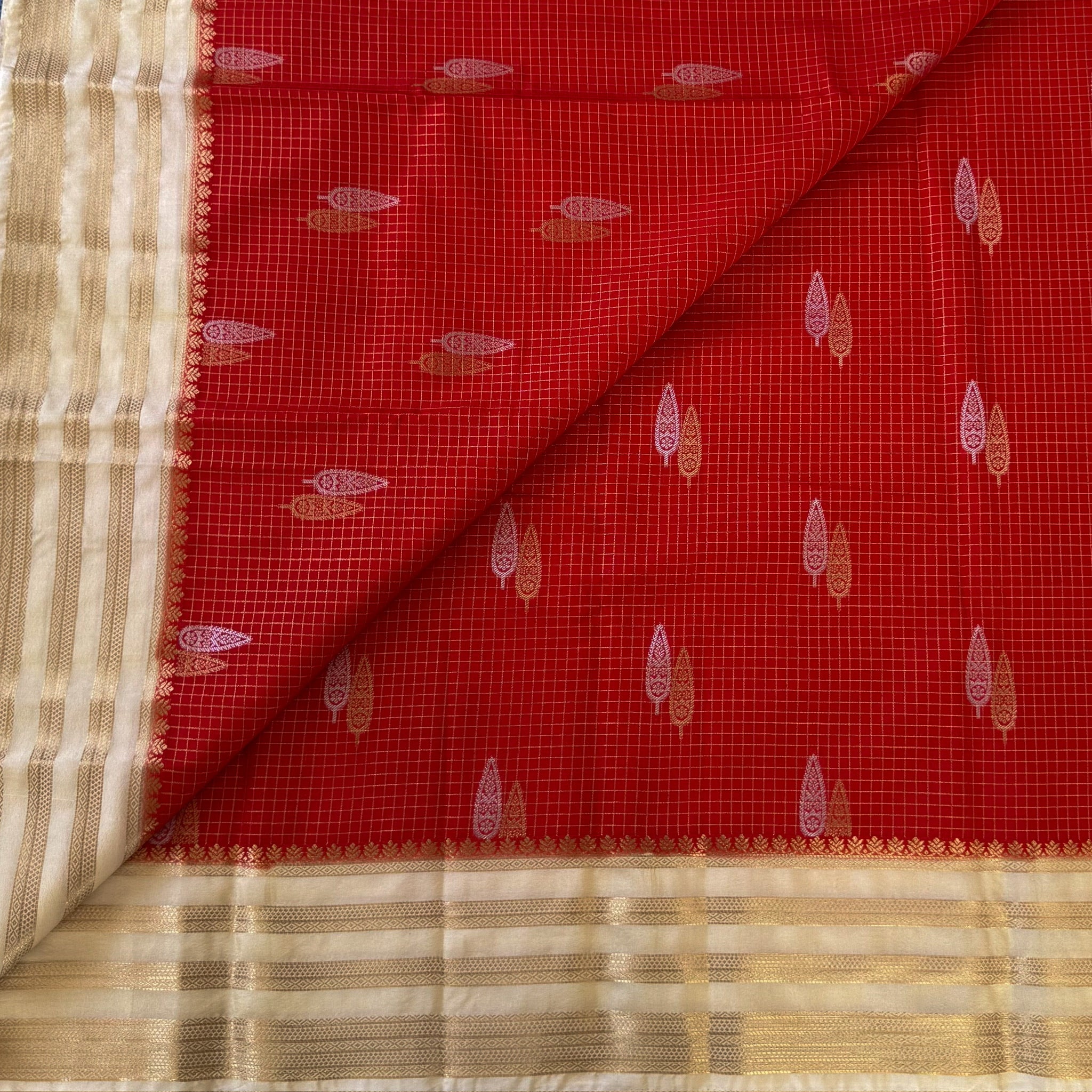 Scarlet Red Saree with Ivory Gold Brocade Border and Paisley