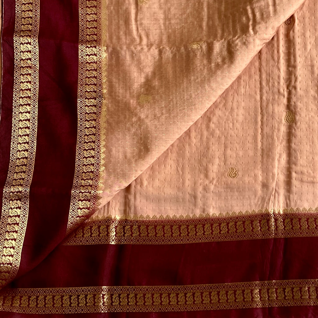 Peach Soft Tussar Silk Saree With Maroon Pallu And Gold Zari