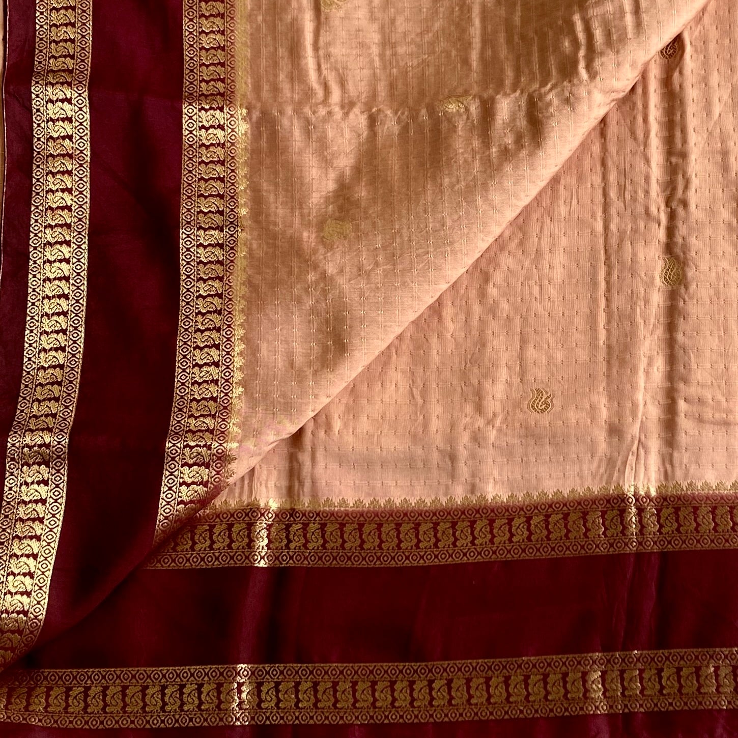 Peach Soft Tussar Silk Saree With Maroon Pallu And Gold Zari