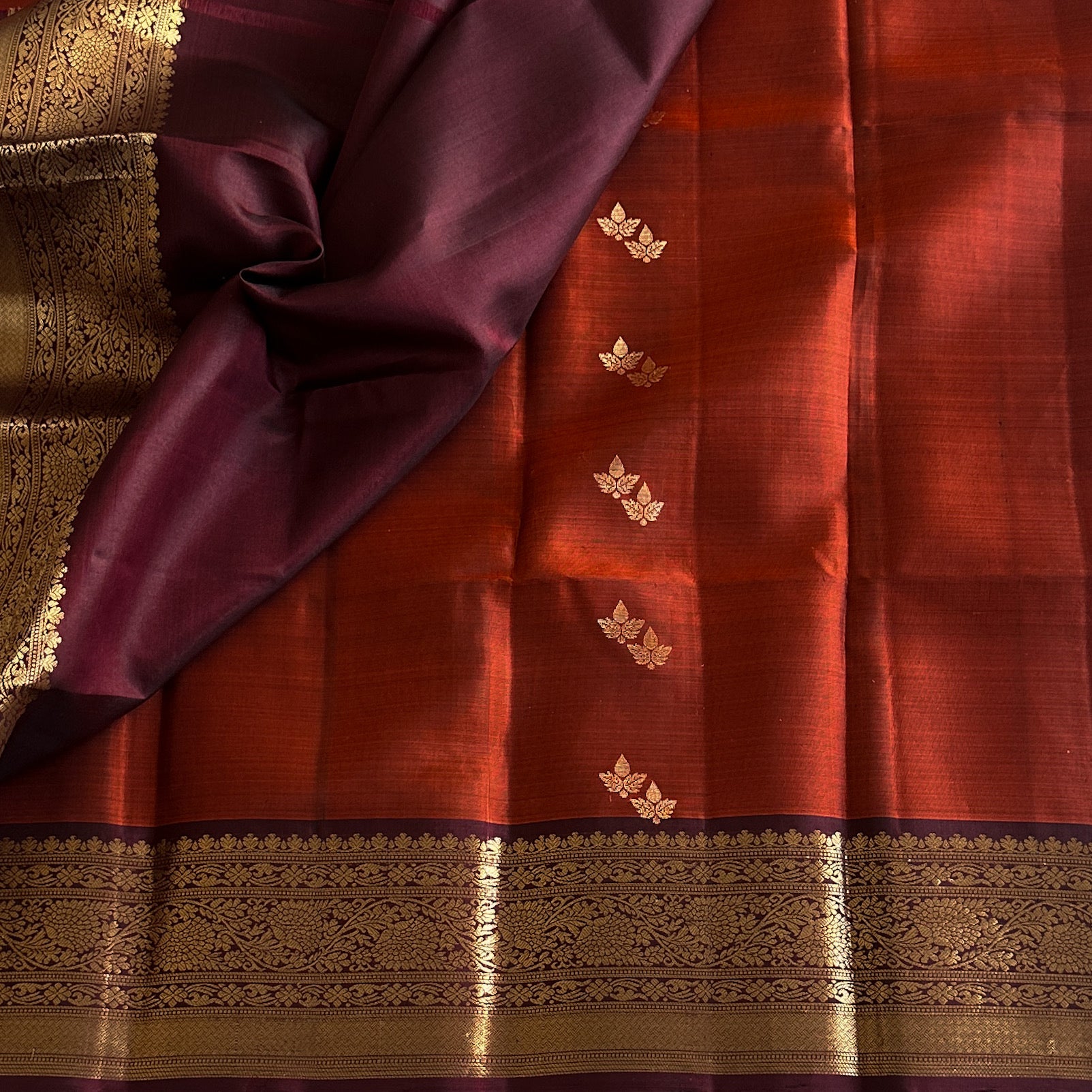 Crimson Plum Woven Brocade Saree Antique Gold Zari Border Traditional