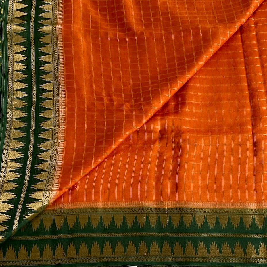 Tangerine Orange Soft Tussar Silk Saree With Bottle Green Pallu